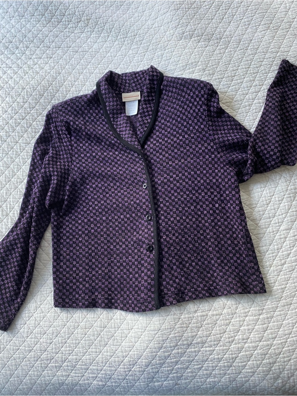 Checkered Purple Button-Front Cardigan Shacket Vintage Knit Preppy Academia